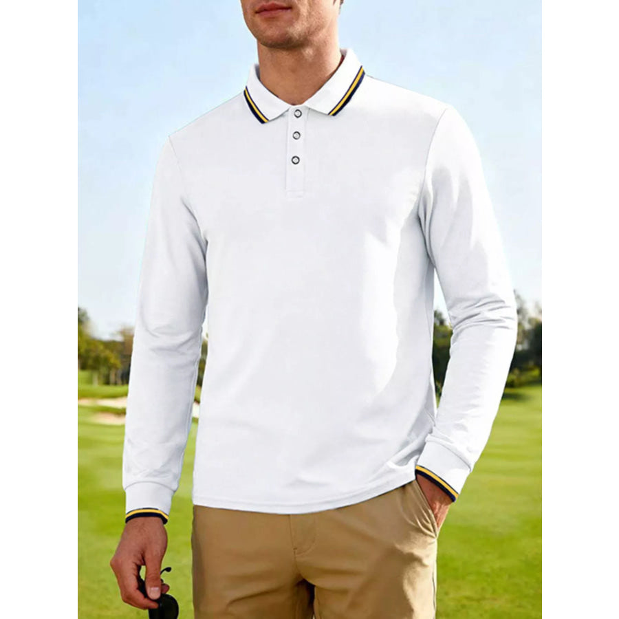 Men’s Full Size Classic Long-Sleeve Polo with Striped Collar Plus Size White / S Apparel and Accessories