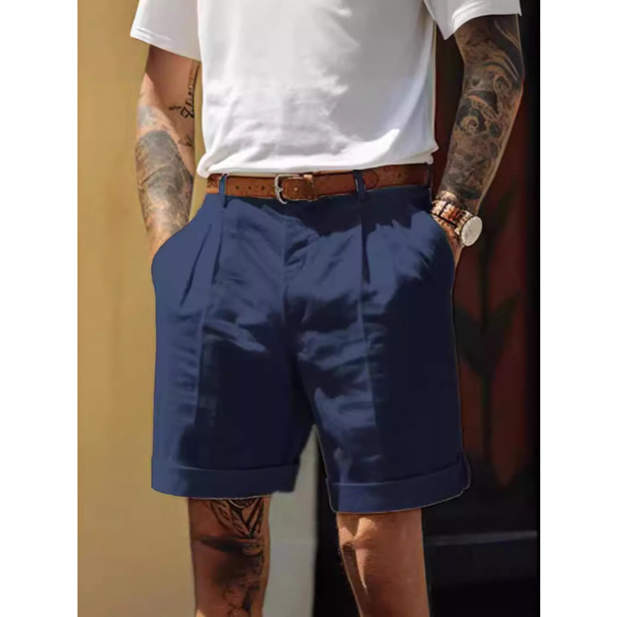 Men’s Full Size Classic Pleated Shorts Plus Size Navy Blue / S Apparel and Accessories