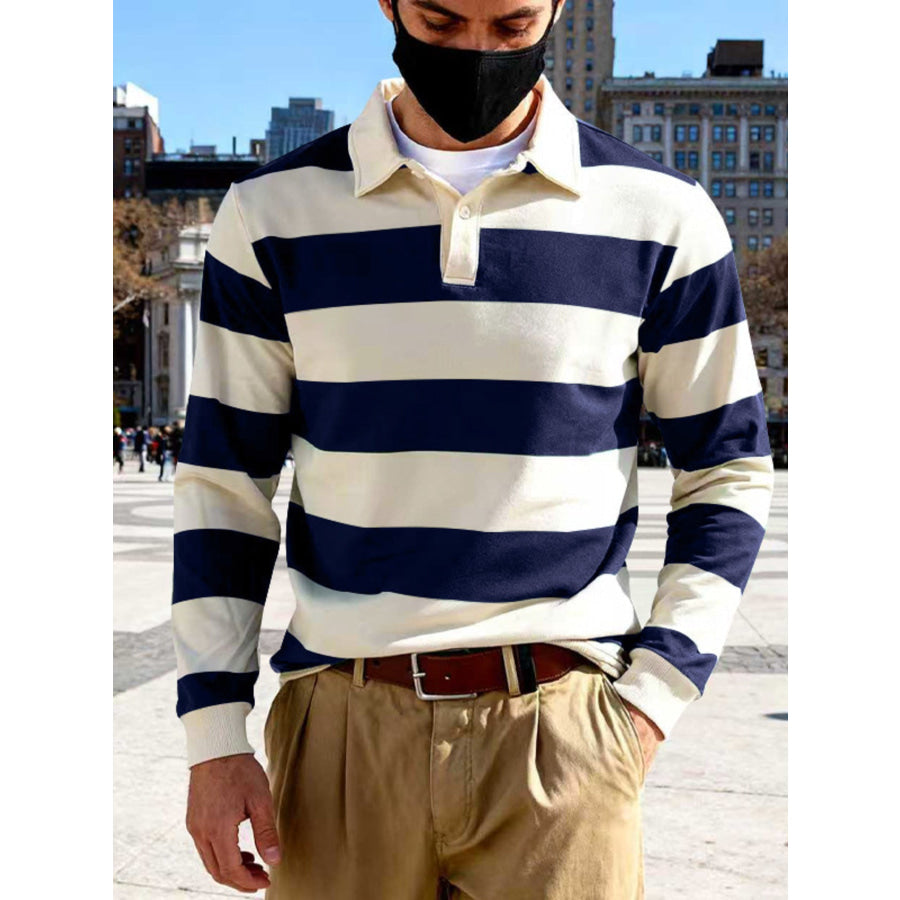 Men’s Full Size Classic Striped Long-Sleeve Polo Plus Size Navy / S Apparel and Accessories