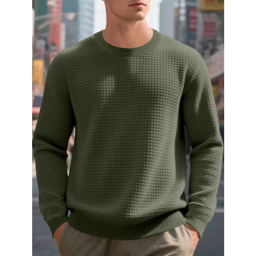 Men’s Full Size Classic Waffle-Knit Crew Neck Sweatshirt Plus Size Army Green / S Apparel and Accessories