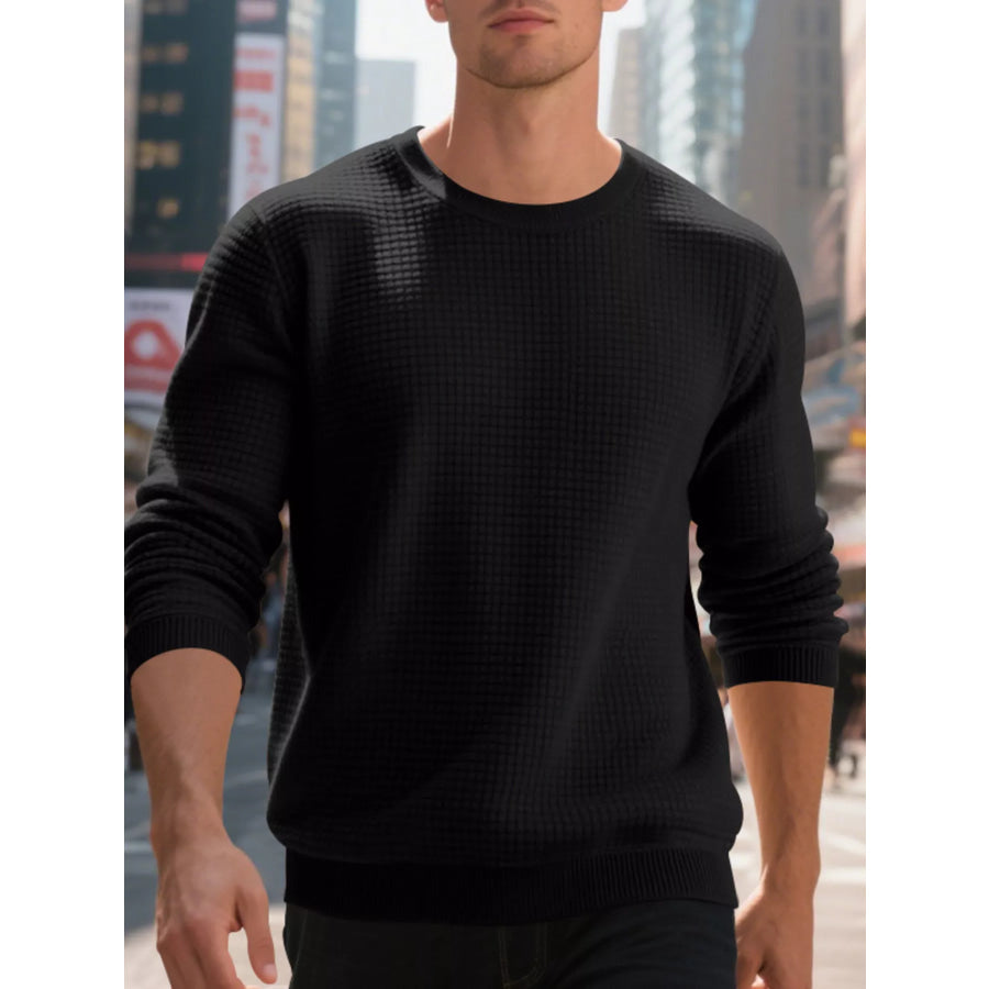 Men’s Full Size Classic Waffle-Knit Crew Neck Sweatshirt Plus Size Black / S Apparel and Accessories