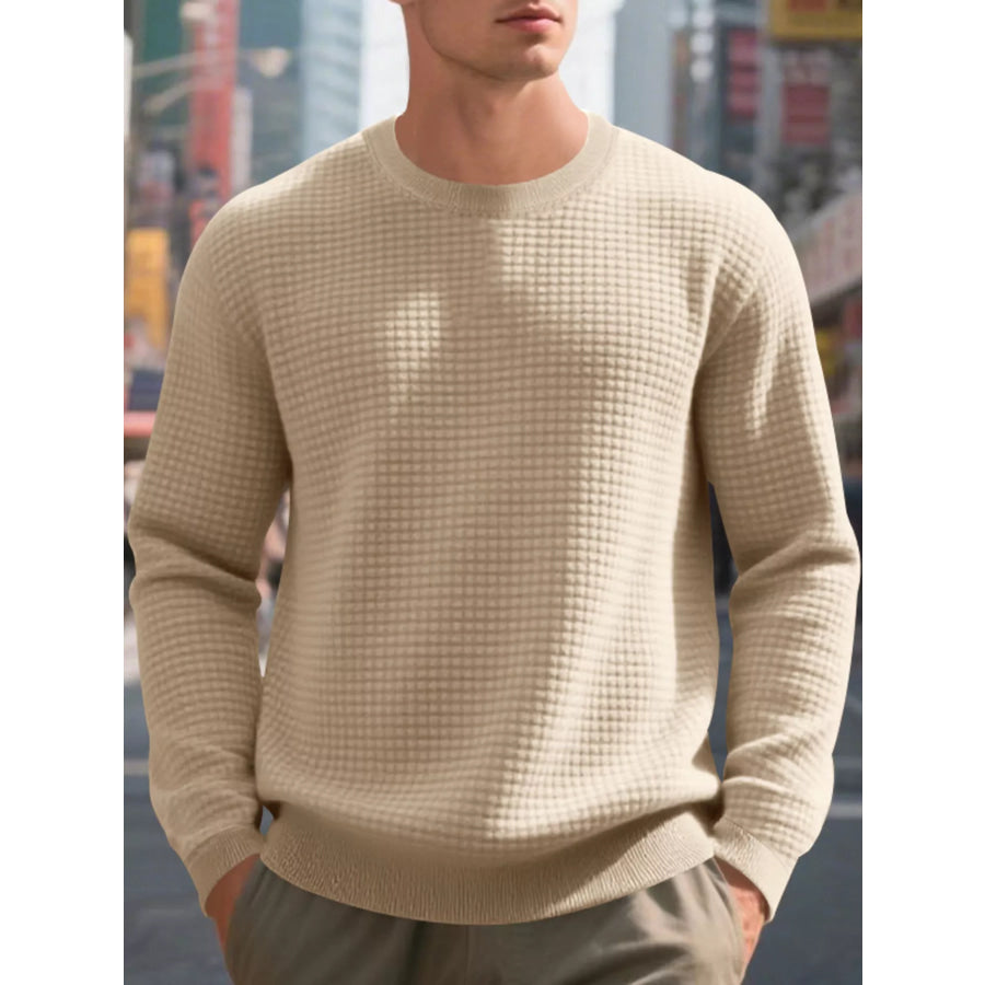 Men’s Full Size Classic Waffle-Knit Crew Neck Sweatshirt Plus Size Khaki / S Apparel and Accessories
