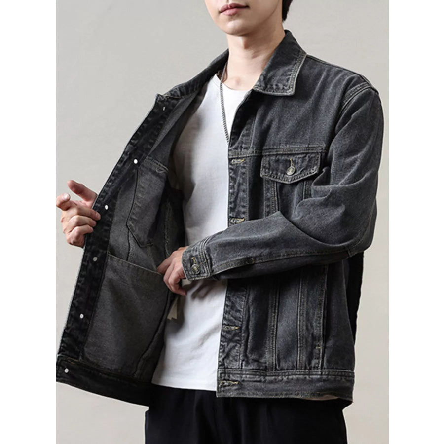 Men’s Full Size Classic Washed Denim Jacket with Chest Pockets Plus Size Apparel and Accessories