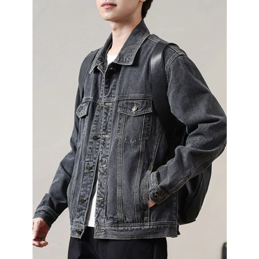 Men’s Full Size Classic Washed Denim Jacket with Chest Pockets Plus Size Apparel and Accessories