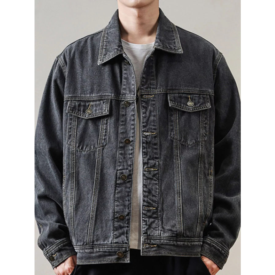 Men’s Full Size Classic Washed Denim Jacket with Chest Pockets Plus Size Dark Gray / S Apparel and Accessories