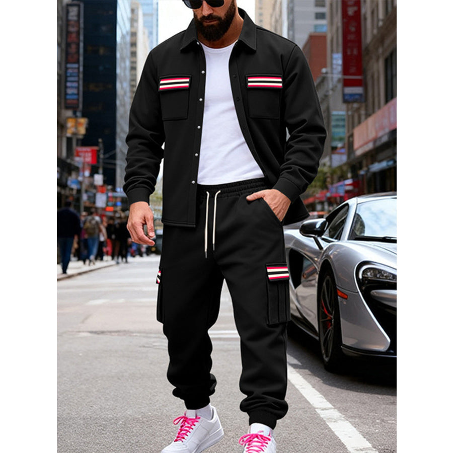 Men’s Full Size Collared Neck Shacket and Pants Set Plus Black / S Apparel Accessories