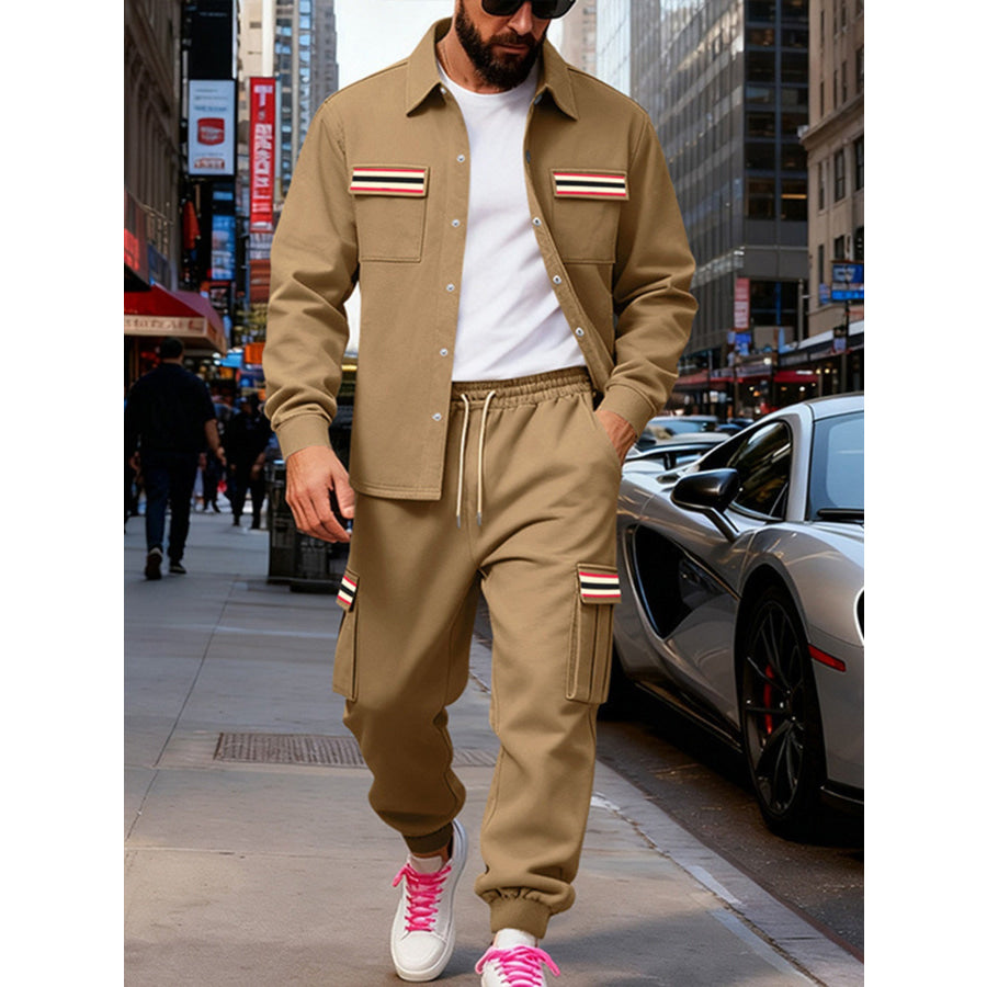 Men’s Full Size Collared Neck Shacket and Pants Set Plus Camel / S Apparel Accessories