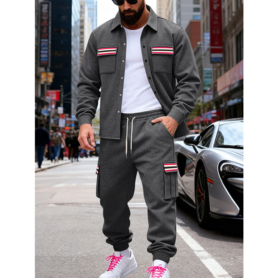 Men’s Full Size Collared Neck Shacket and Pants Set Plus Dark Gray / S Apparel Accessories