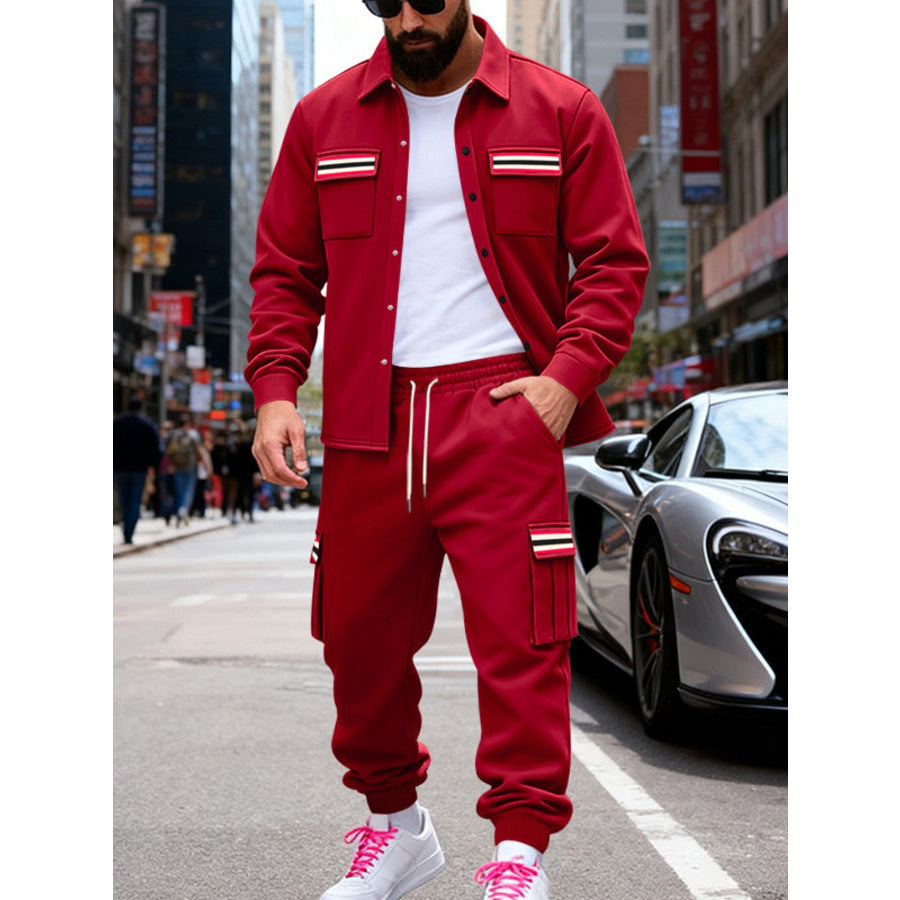 Men’s Full Size Collared Neck Shacket and Pants Set Plus Red / S Apparel Accessories