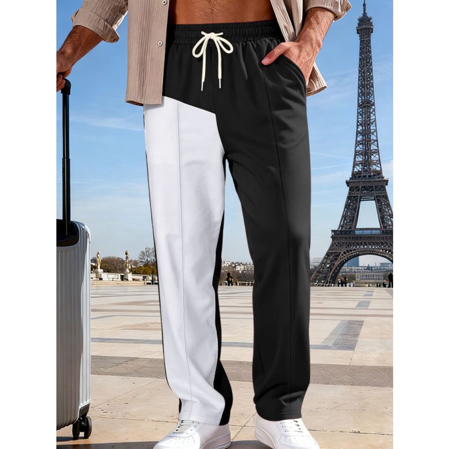 Men’s Full Size Color Block Drawstring Casual Pants Plus Size Apparel and Accessories