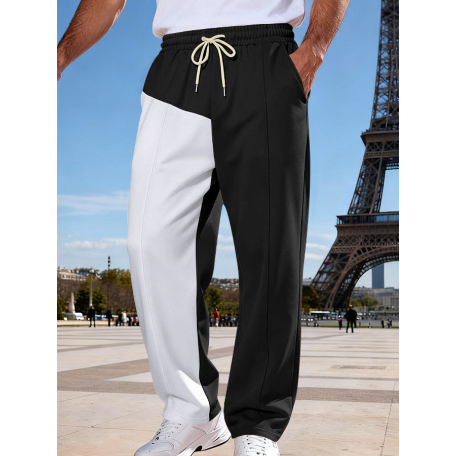 Men’s Full Size Color Block Drawstring Casual Pants Plus Size Black / S Apparel and Accessories