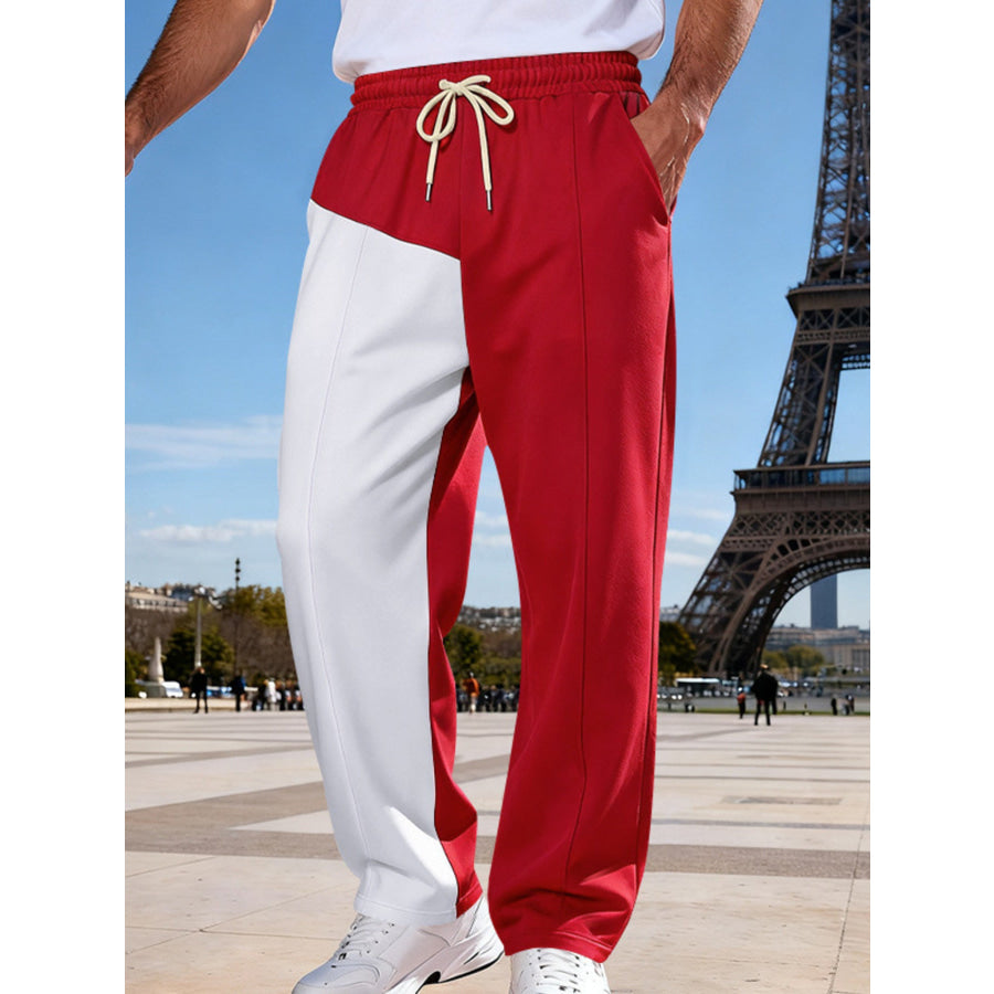 Men’s Full Size Color Block Drawstring Casual Pants Plus Size Red / S Apparel and Accessories