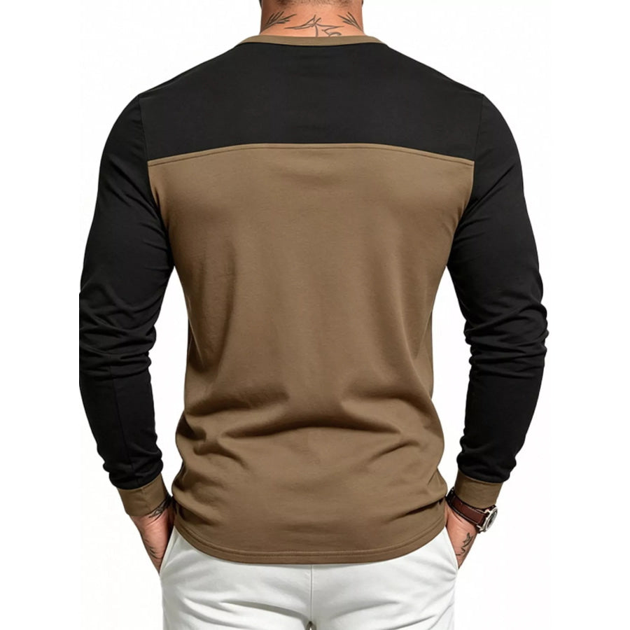Men’s Full Size Color-Block Long Sleeve Henley T-Shirt Plus Size Apparel and Accessories