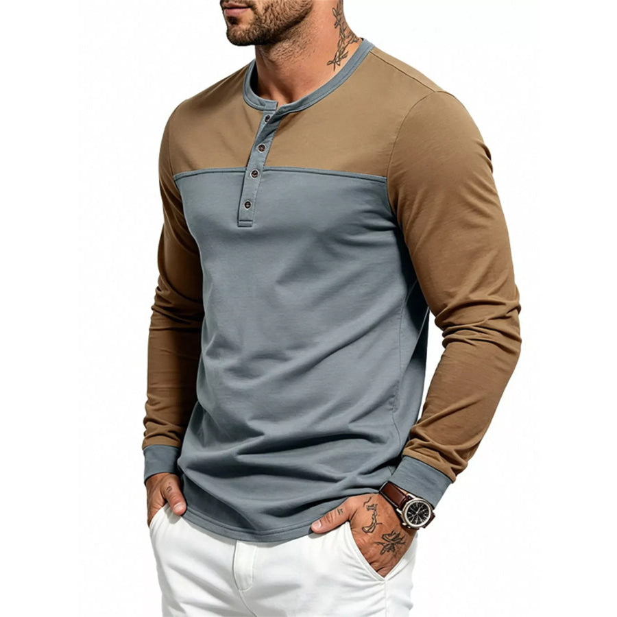 Men’s Full Size Color-Block Long Sleeve Henley T-Shirt Plus Size Apparel and Accessories