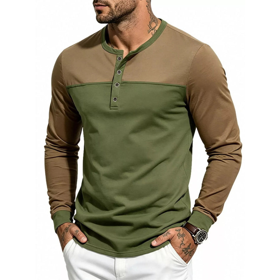 Men’s Full Size Color-Block Long Sleeve Henley T-Shirt Plus Size Apparel and Accessories