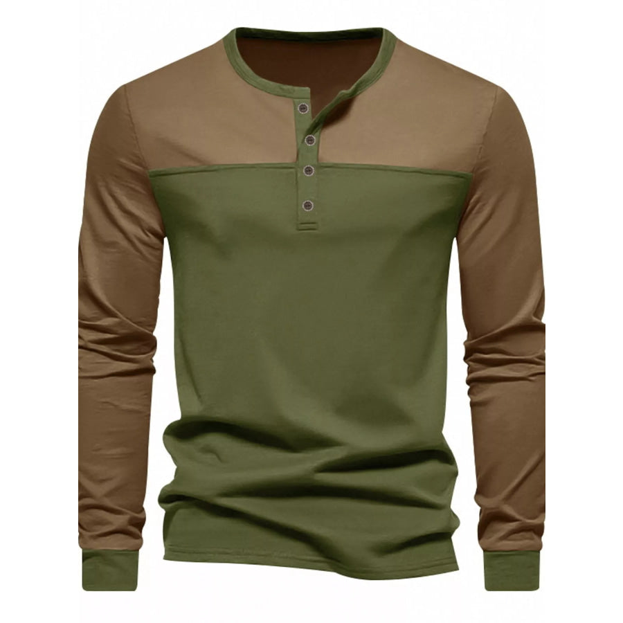 Men’s Full Size Color-Block Long Sleeve Henley T-Shirt Plus Size Apparel and Accessories