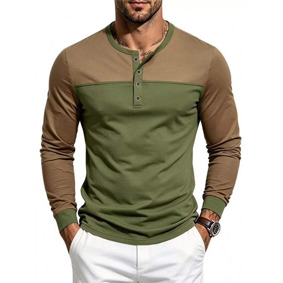 Men’s Full Size Color-Block Long Sleeve Henley T-Shirt Plus Size Army Green / S Apparel and Accessories