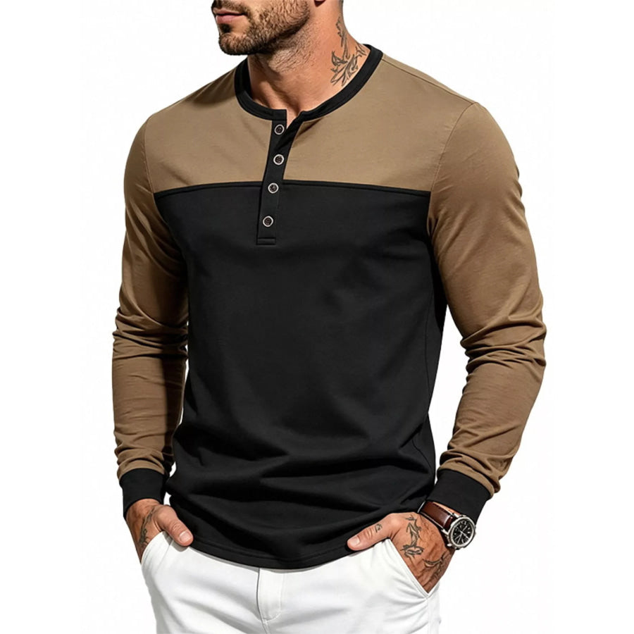 Men’s Full Size Color-Block Long Sleeve Henley T-Shirt Plus Size Black / S Apparel and Accessories