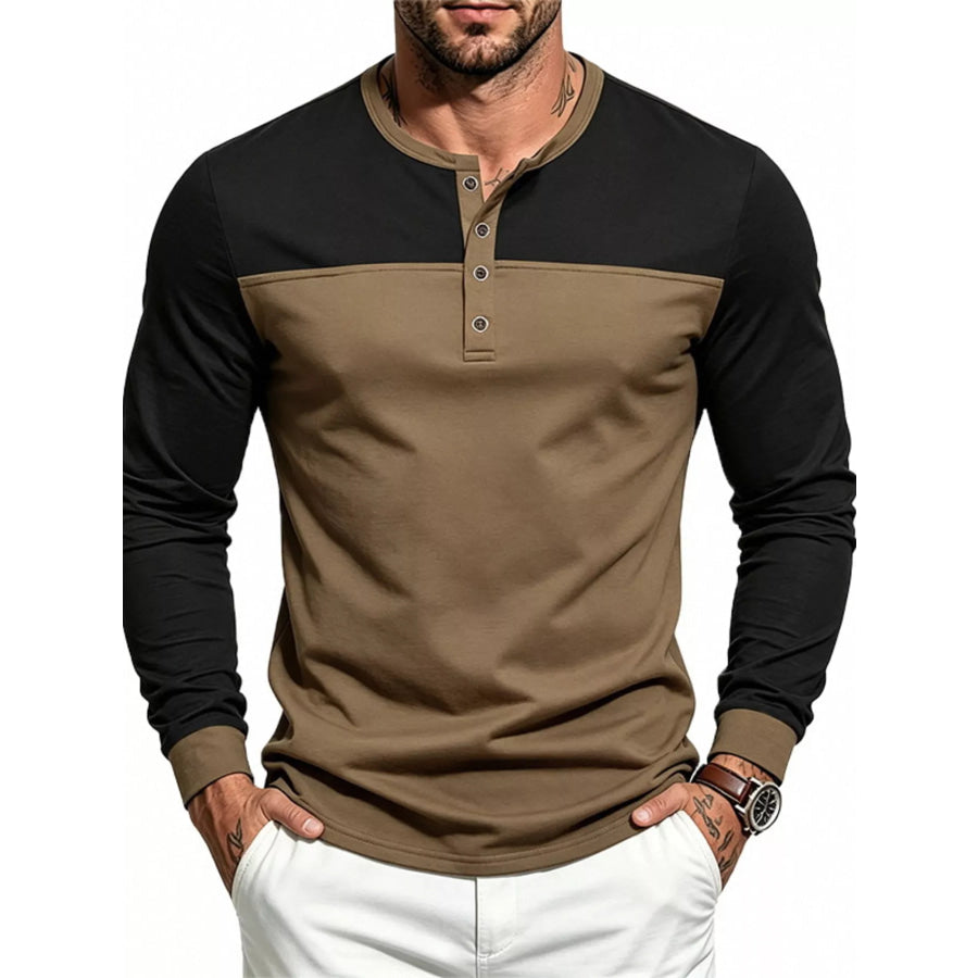 Men’s Full Size Color-Block Long Sleeve Henley T-Shirt Plus Size Dark Brown / S Apparel and Accessories