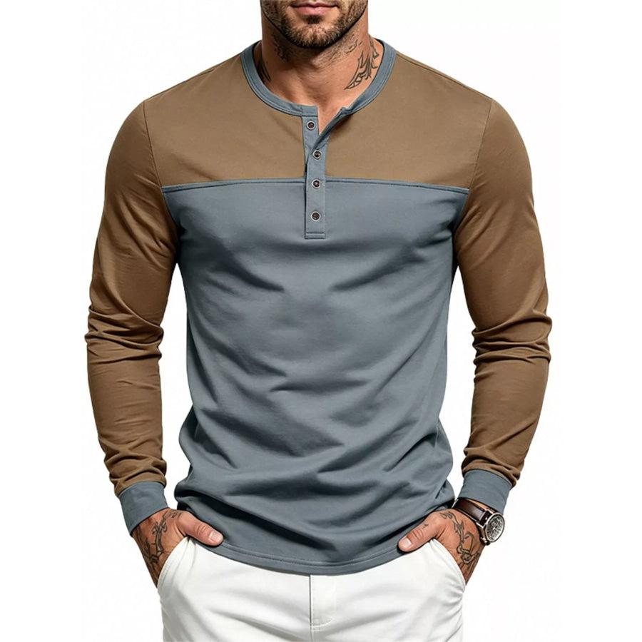 Men’s Full Size Color-Block Long Sleeve Henley T-Shirt Plus Size Gray / S Apparel and Accessories