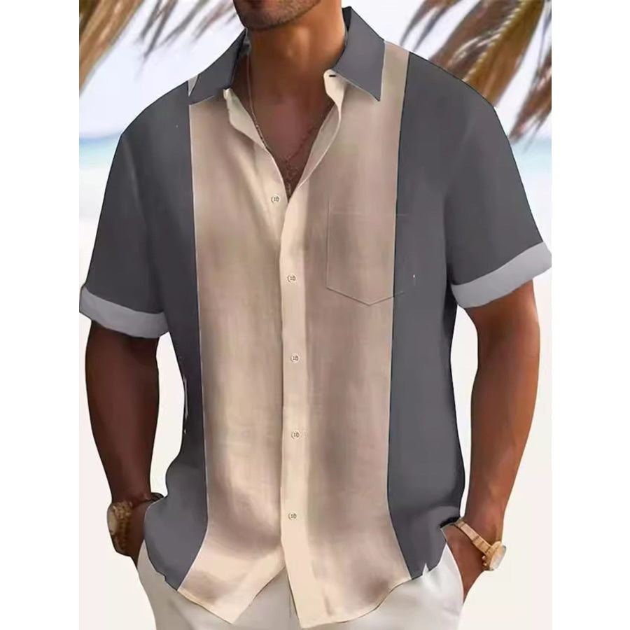 Men’s Full Size Color Block Short Sleeve Shirt Plus Size Gray / S Apparel and Accessories