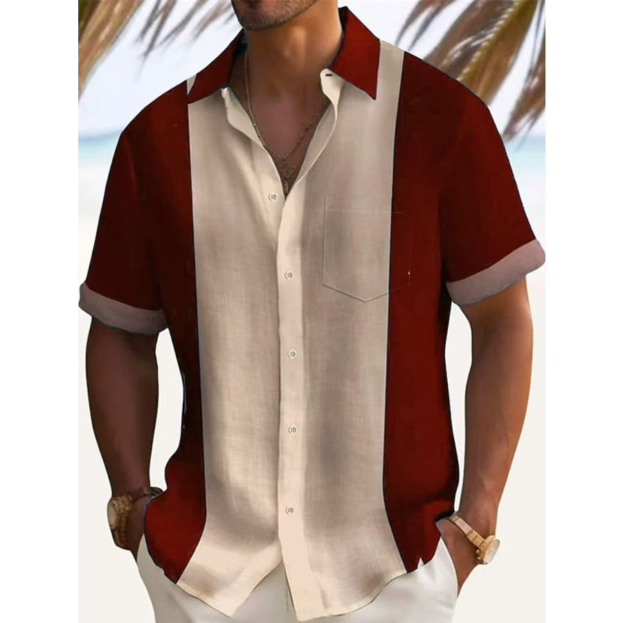 Men’s Full Size Color Block Short Sleeve Shirt Plus Size Wine Red / S Apparel and Accessories