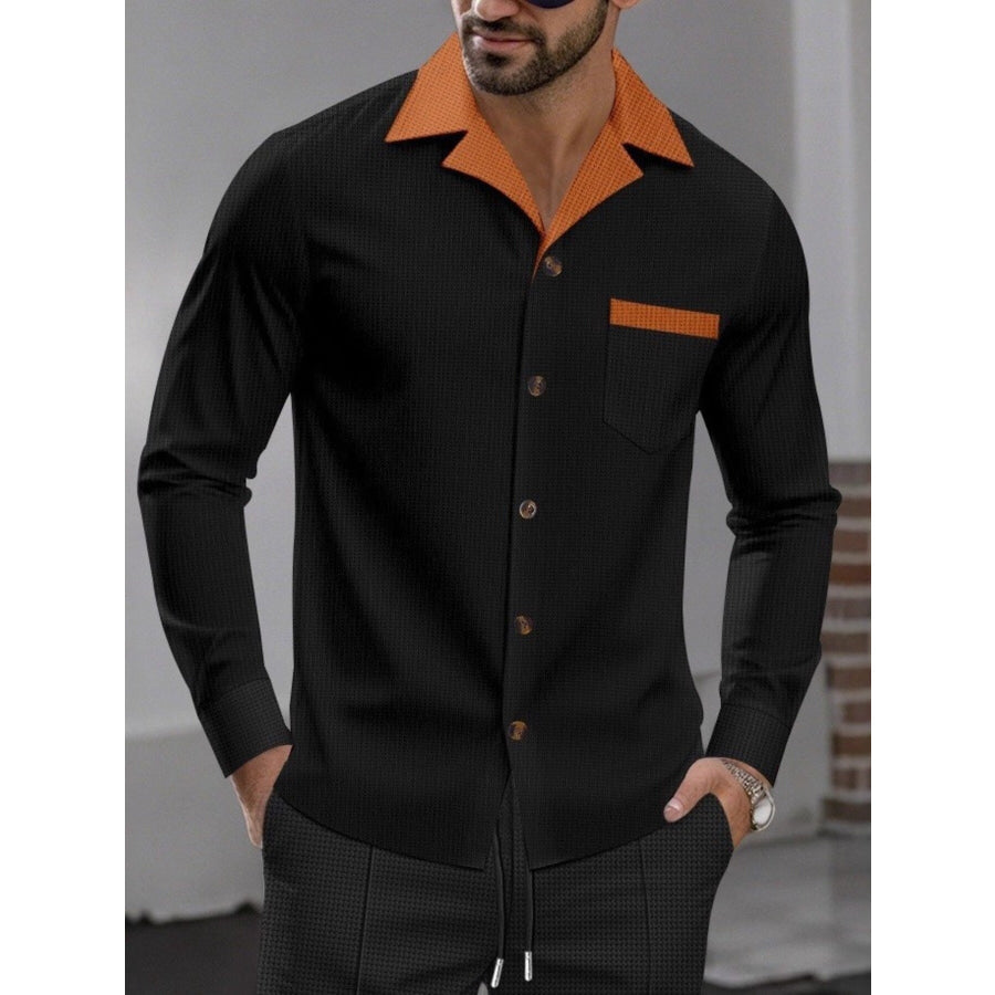 Men’s Full Size Contrast Collar Button Up Shirt Plus Black / S Apparel and Accessories