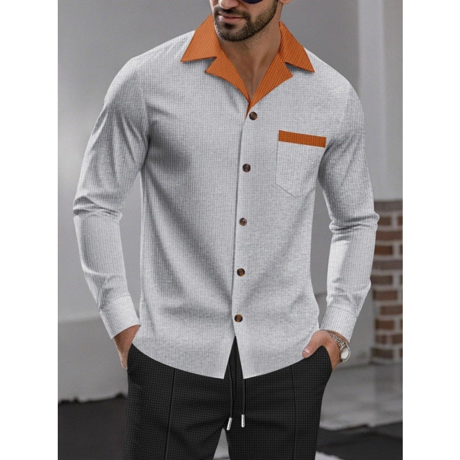 Men’s Full Size Contrast Collar Button Up Shirt Plus Gray / S Apparel and Accessories
