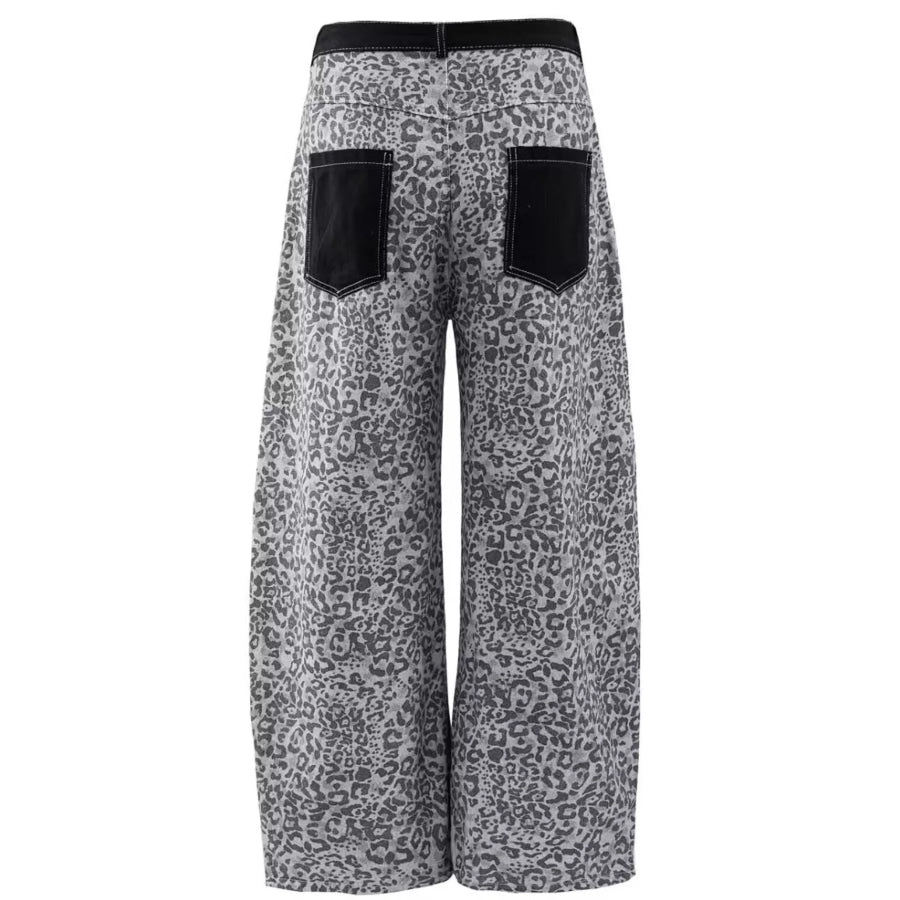 Men’s Full Size Contrast Pockets Leopard Print Wide-Leg Jeans Plus Apparel and Accessories