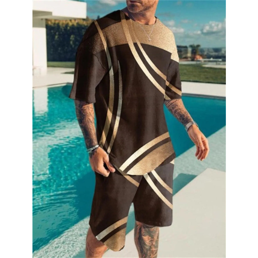 Men’s Full Size Contrast Short Sleeve Top and Shorts Set Plus Size Chocolate / S Apparel and Accessories