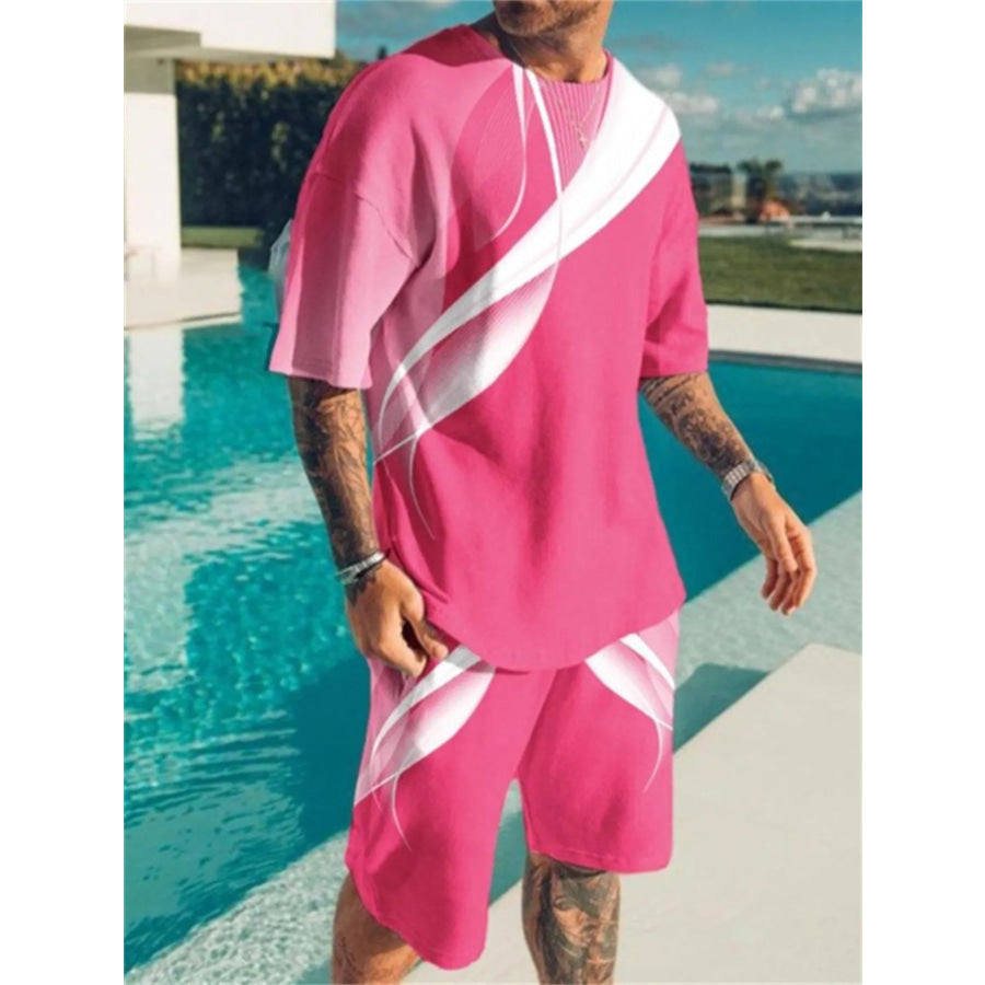 Men’s Full Size Contrast Short Sleeve Top and Shorts Set Plus Size Pink / S Apparel and Accessories