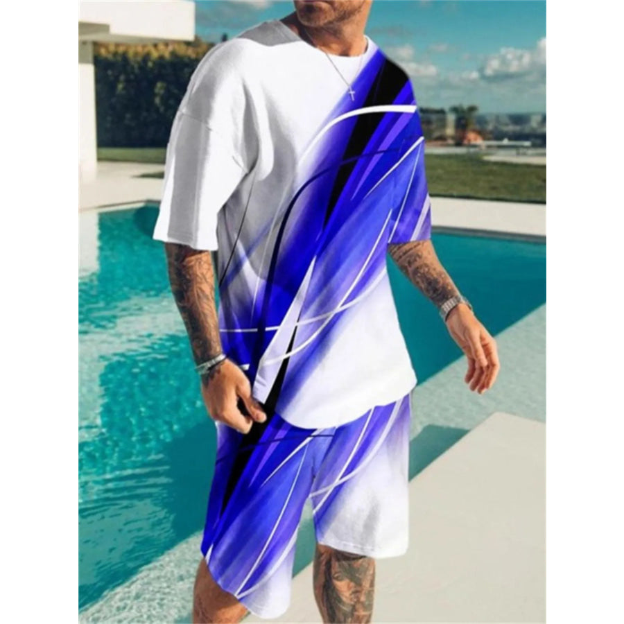 Men’s Full Size Contrast Short Sleeve Top and Shorts Set Plus Size Royal Blue / S Apparel and Accessories