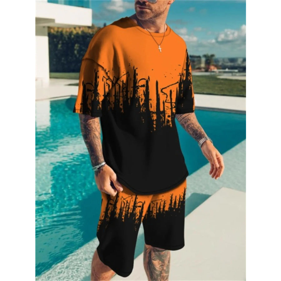 Men’s Full Size Contrast Short Sleeve Top and Shorts Set Plus Size Tangerine / S Apparel and Accessories