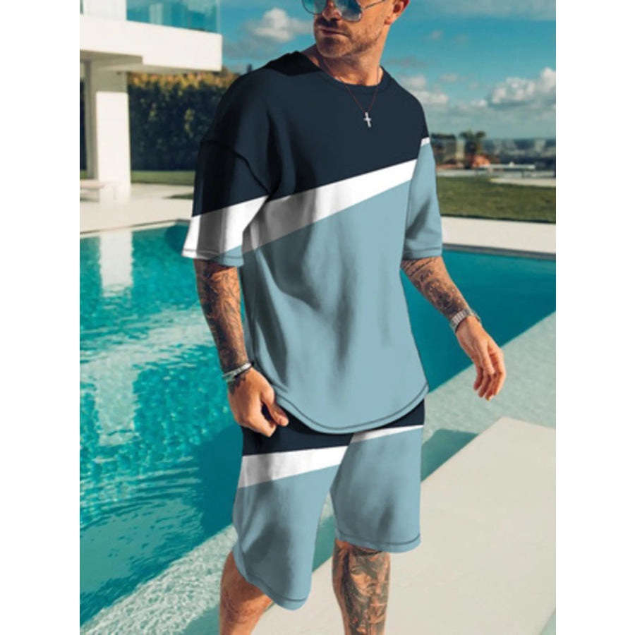 Men’s Full Size Contrast Short Sleeve Top and Shorts Set Plus Size Turquoise / S Apparel and Accessories