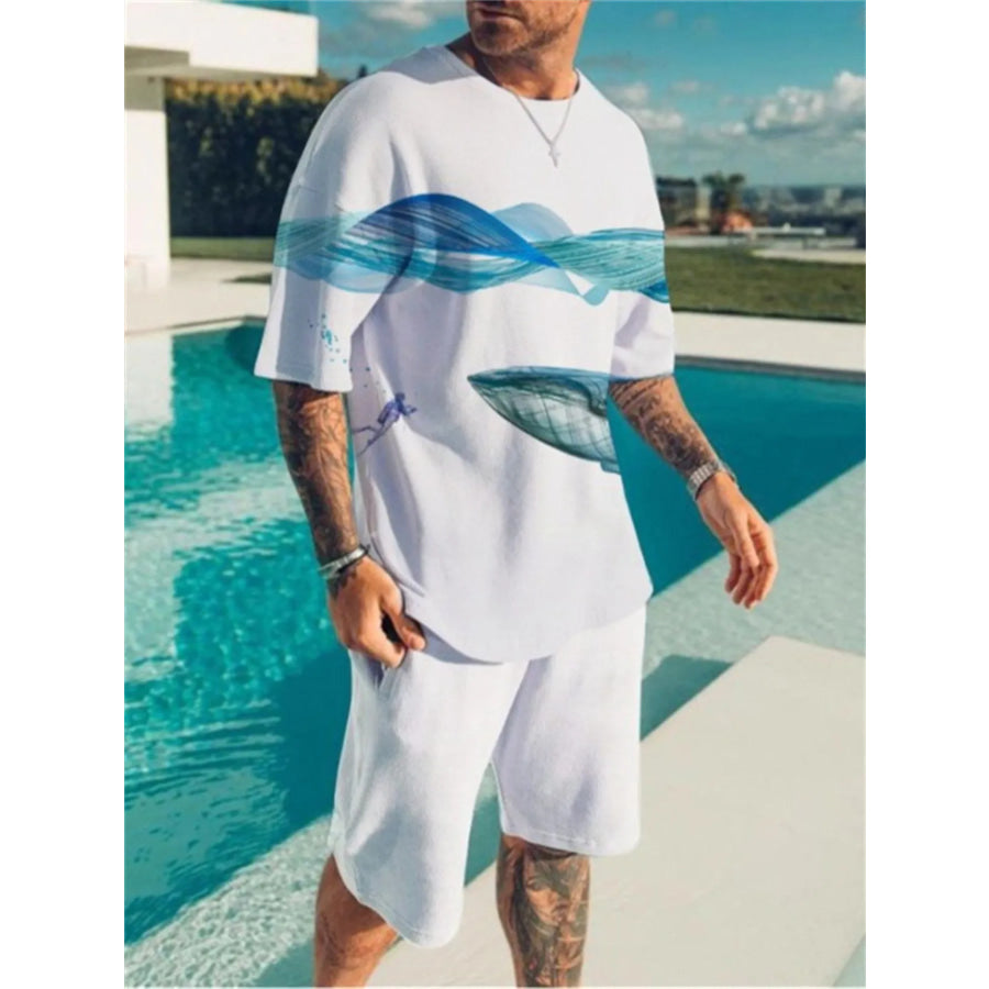 Men’s Full Size Contrast Short Sleeve Top and Shorts Set Plus Size White / S Apparel and Accessories