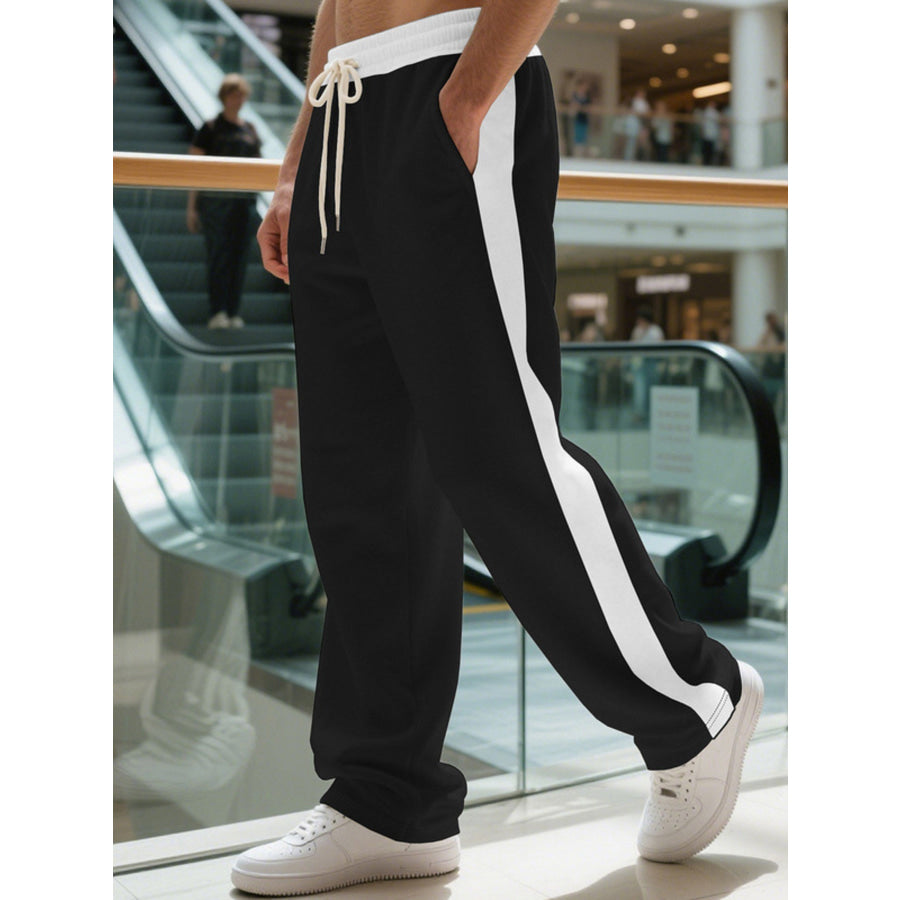 Men’s Full Size Contrast Stripe Drawstring Sweatpants Plus Size Black / S Apparel and Accessories
