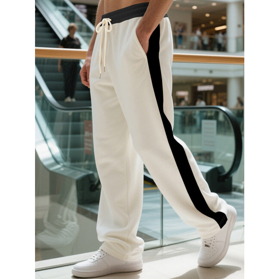Men’s Full Size Contrast Stripe Drawstring Sweatpants Plus Size Khaki / S Apparel and Accessories