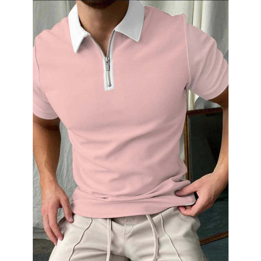 Men’s Full Size Contrast Stripe Zipper Polo Plus Size Dusty Pink / S Apparel and Accessories