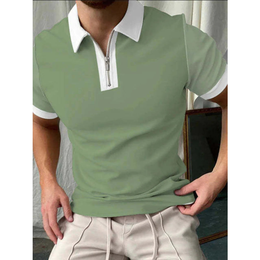 Men’s Full Size Contrast Stripe Zipper Polo Plus Size Matcha Green / S Apparel and Accessories