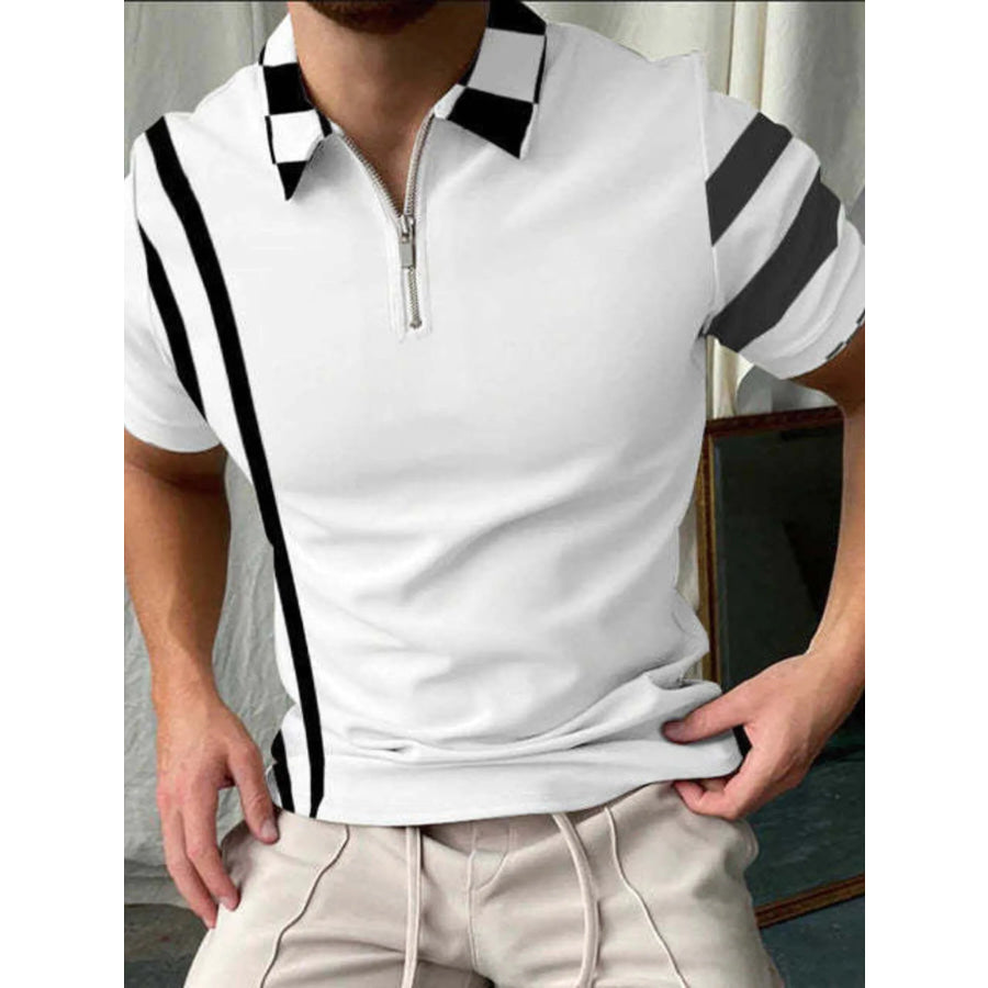Men’s Full Size Contrast Stripe Zipper Polo Plus Size White / S Apparel and Accessories
