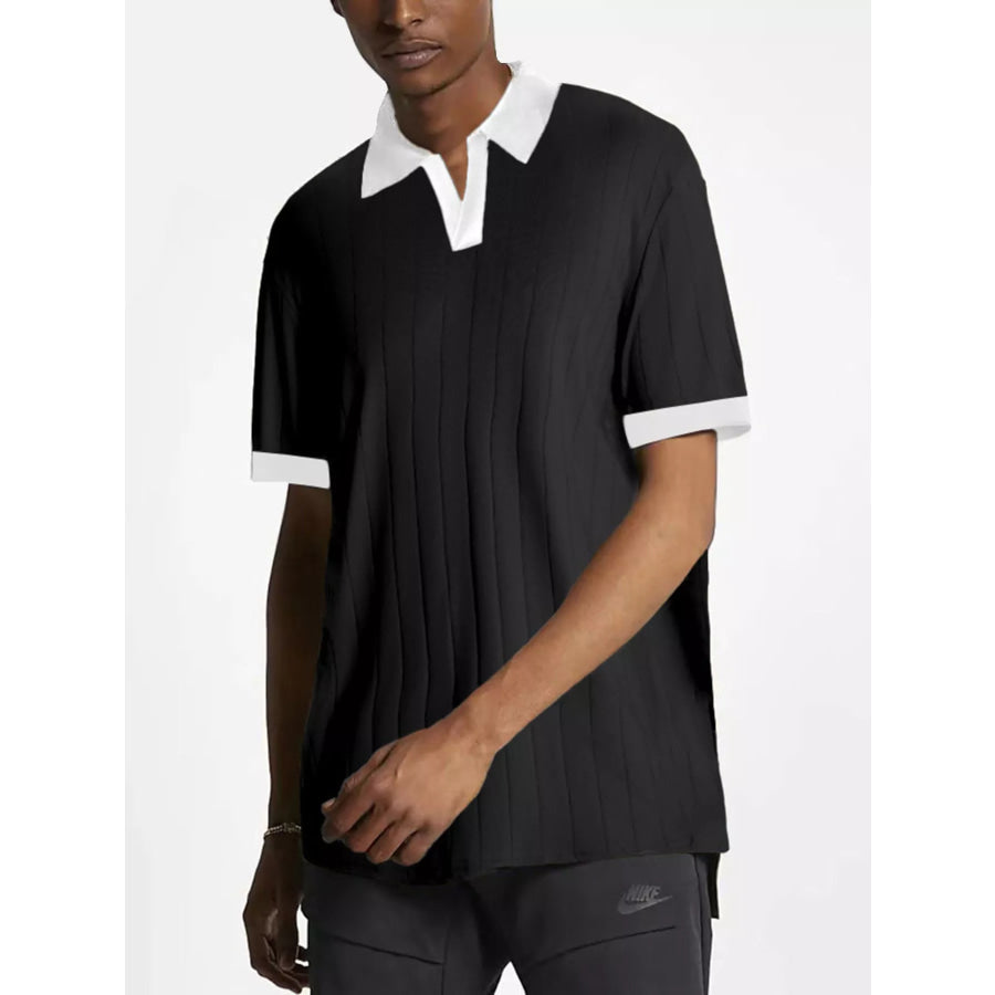 Men’s Full Size Contrast Trim Short Sleeve Polo Plus Size Black / S Apparel and Accessories