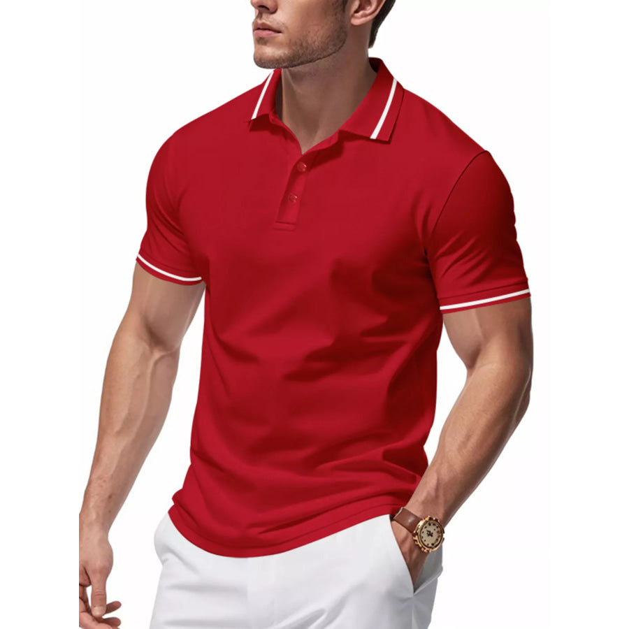 Men’s Full Size Contrast Trim Short Sleeve Polo Plus Size Bright Red / S Apparel and Accessories