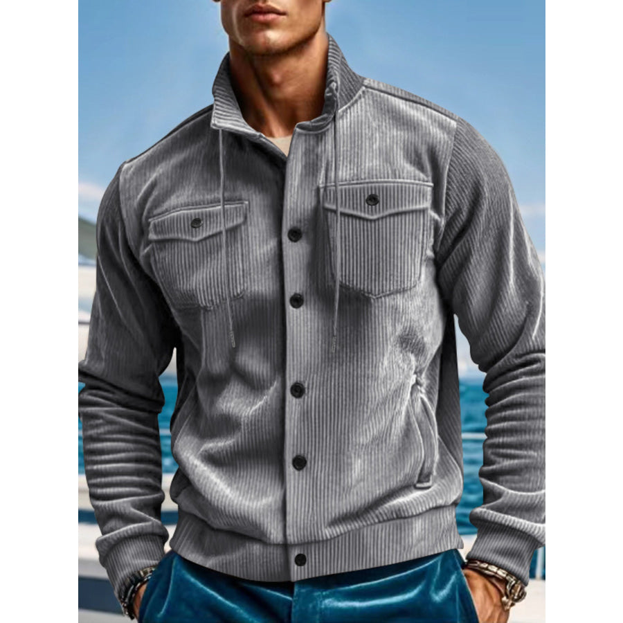 Men’s Full Size Corduroy Button Up Casual Jacket Plus Size Gray / S Apparel and Accessories