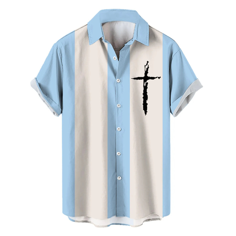 Men’s Full Size Cross Casual Striped Button Up Shirt Plus Size Pastel Blue / S Apparel and Accessories