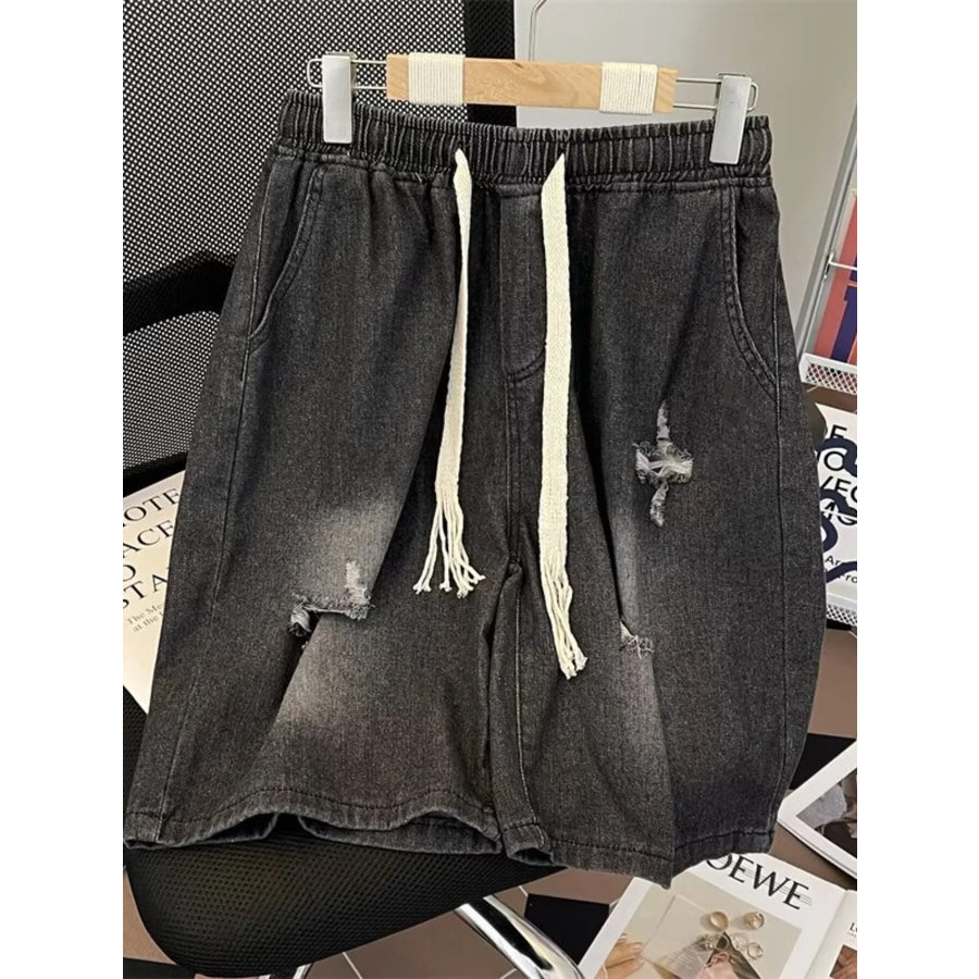 Men’s Full Size Distressed Drawstring Denim Shorts Plus Size Apparel and Accessories