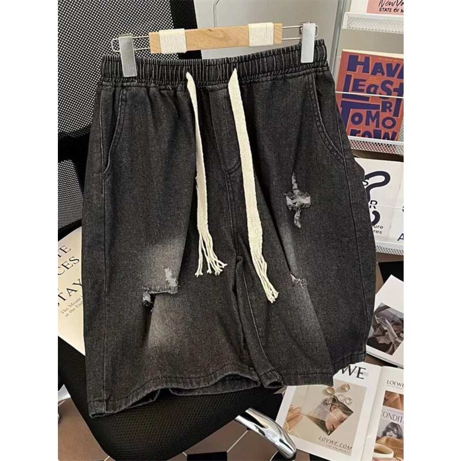 Men’s Full Size Distressed Drawstring Denim Shorts Plus Size Black / S Apparel and Accessories