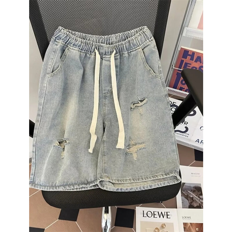 Men’s Full Size Distressed Drawstring Denim Shorts Plus Size Blue / S Apparel and Accessories