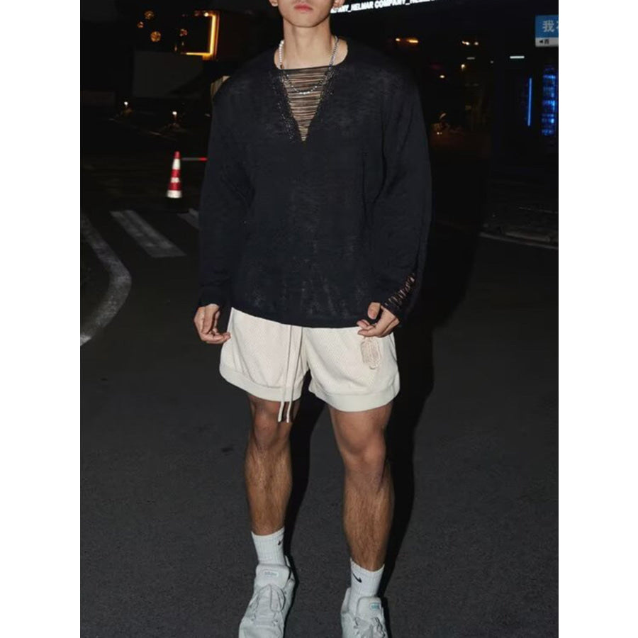 Men’s Full Size Distressed Long Sleeve Sweater Plus Apparel and Accessories