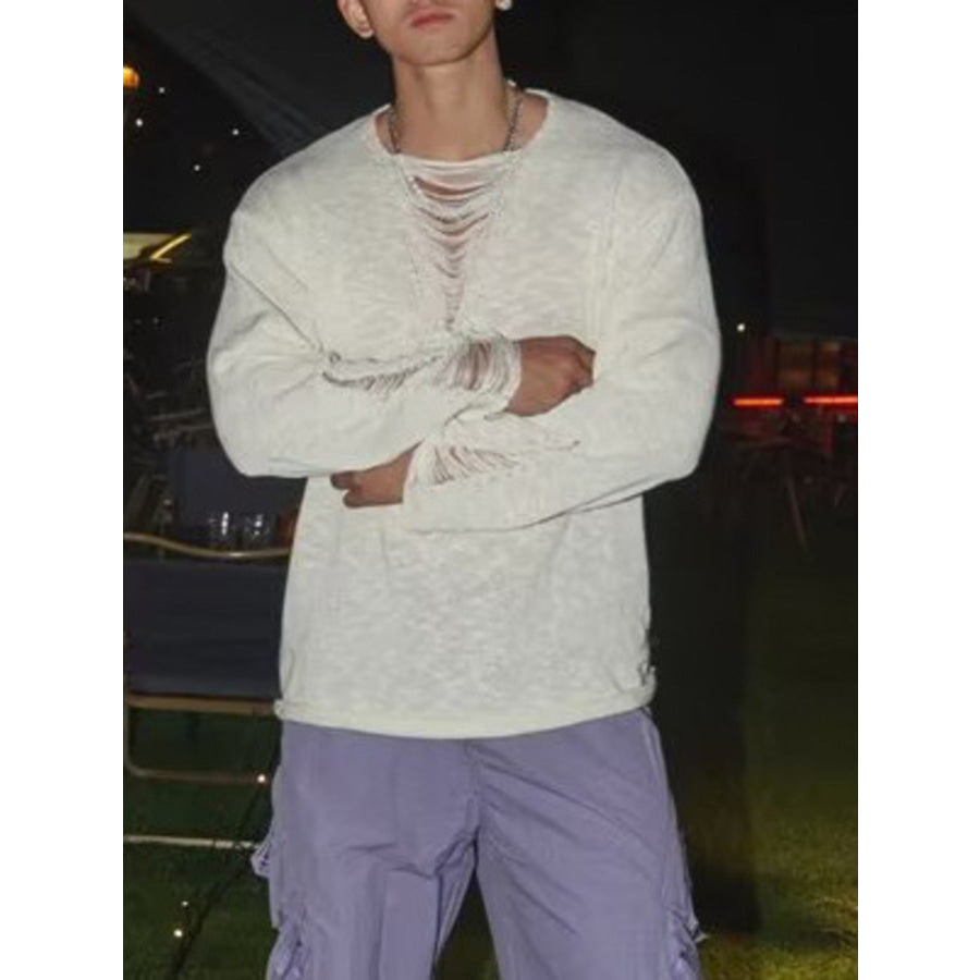 Men’s Full Size Distressed Long Sleeve Sweater Plus Apparel and Accessories