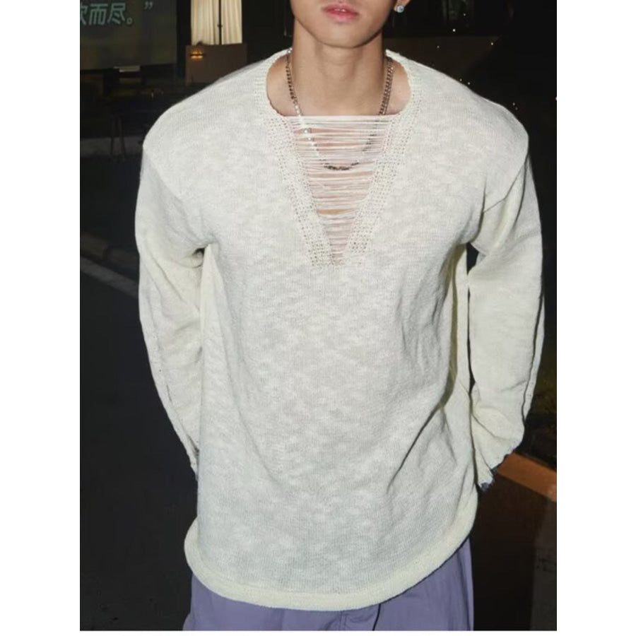 Men’s Full Size Distressed Long Sleeve Sweater Plus Apparel and Accessories